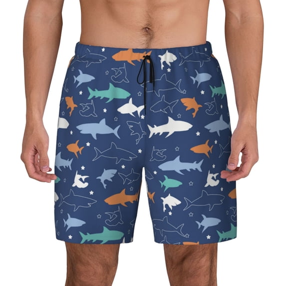 Haiem Party Shark Cute Mens Swim Trunks with Compression Liner 2 in 1 Swimming Shorts Stretch Swimwear Quick Dry,Board Shorts-Large
