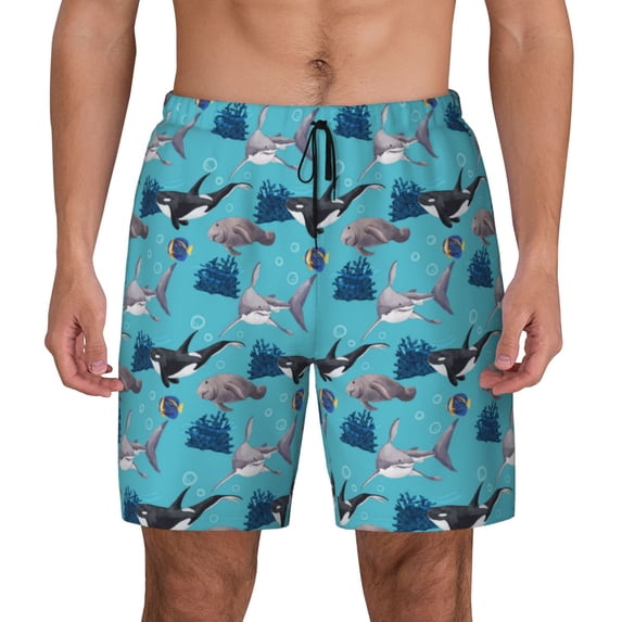 Haiem Party Shark Cute Mens Swim Trunks with Compression Liner 2 in 1 Swimming Shorts Stretch Swimwear Quick Dry,Board Shorts-Medium