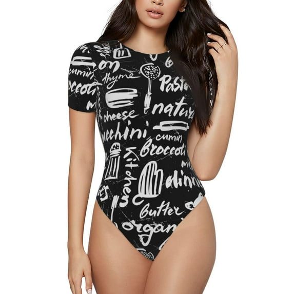 Haiem Pasta Bacon Women's Crew Neck Short Sleeve Bodysuit Tops Stretchy Slim Basic-Small