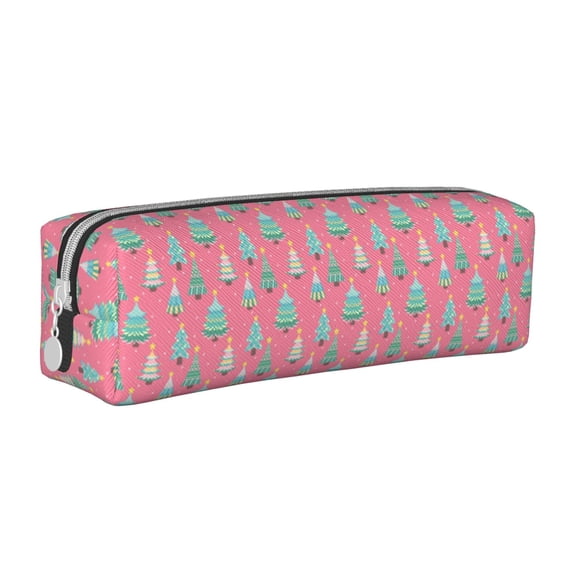 Haiem Pastel Christmas Trees on Pink Print Leather Pencil Case Art Supplies Case Zipper Pencil Pouch Stationery Storage Pencil Bag