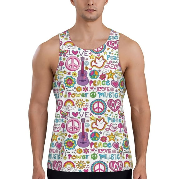 Haiem Peace Love and Dove Flower Power Men Workout Tank Top Gym Bodybuilding Sleeveless Muscle T Shirts Athletic Tank Breathable Workout Shirt-Large