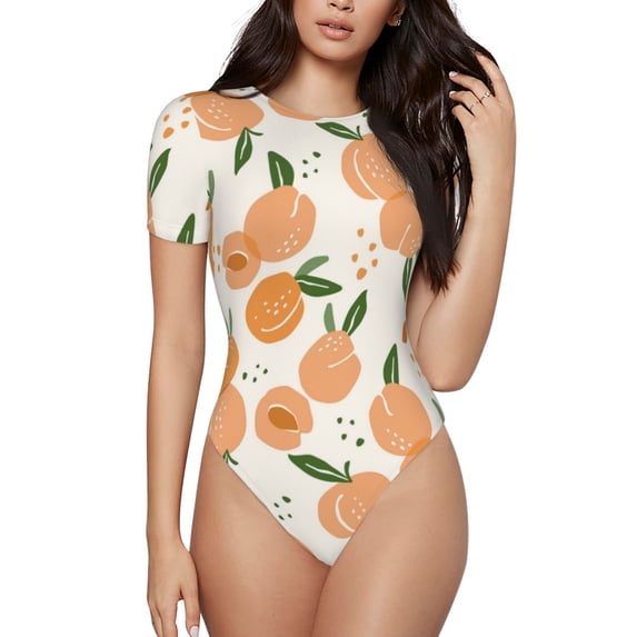 Haiem Peaches Women's Crew Neck Short Sleeve Bodysuit Tops Stretchy Slim Basic-Large