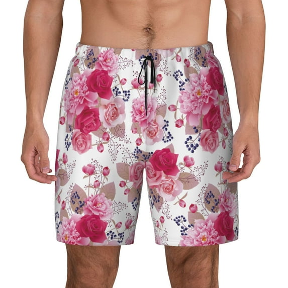 Haiem Peonies And Roses Mens Swim Trunks with Compression Liner 2 in 1 Swimming Shorts Stretch Swimwear Quick Dry,Board Shorts-XX-Large
