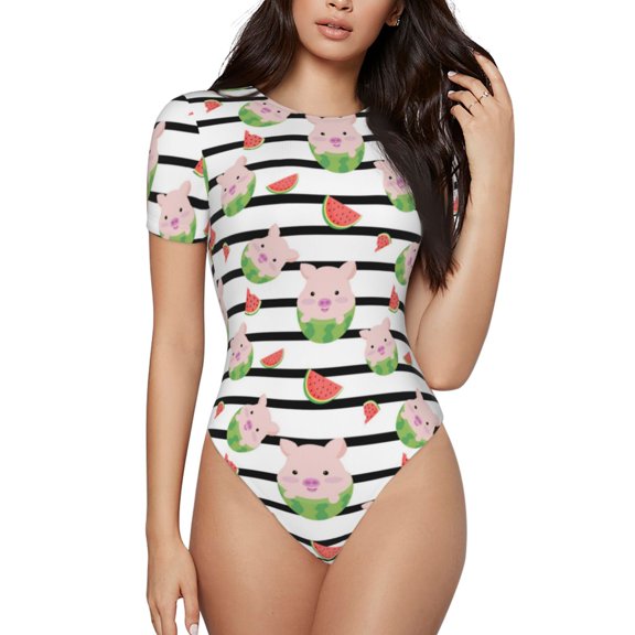 Haiem Pig And Watermelon Women's Crew Neck Short Sleeve Bodysuit Tops Stretchy Slim Basic-XX-Large