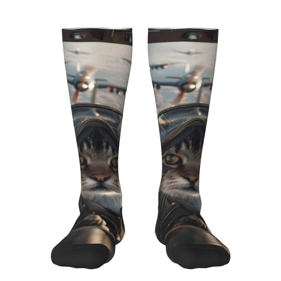 Haiem Pilot Cat In Vintage Plane Socks, Funny Novelty Crazy Design Cotton Socks Sports Socks Knee High Socks For Men, Women,1Pairs - Gift For Working Friends