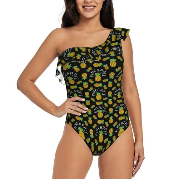 Haiem Pineapple Women's One Piece Swimsuits Tummy Control One Shoulder Bathing Suits Ruffle Swimwear-Medium