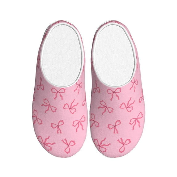Haiem Pink Bows Print Women's Fuzzy Memory Foam House Slipper Cozy Home Footwear Non-slip Winter Slippers-35/36
