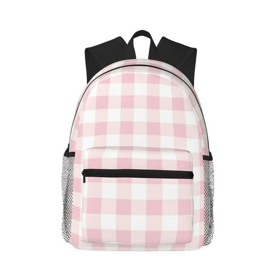 Haiem Pink Checkboard Lightweight Backpack for School, Classic Basic Water Resistant Casual Daypack for Travel with Bottle Side Pockets