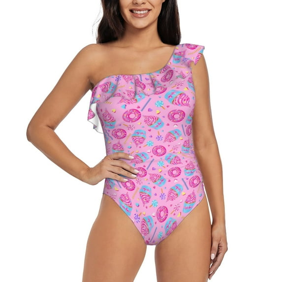 Haiem Pink Donuts Women's One Piece Swimsuits Tummy Control One Shoulder Bathing Suits Ruffle Swimwear-Medium