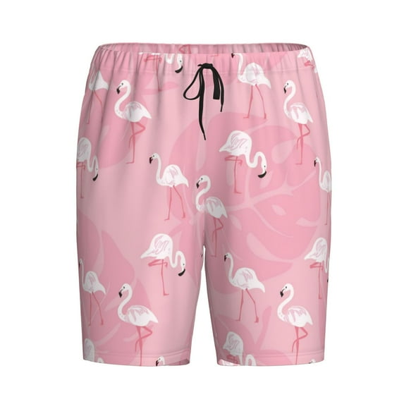 Haiem Pink Flamingos and Flowers Men's Pajama Short with Soft Woven Cotton Elastic Waistband Sleep Short-Medium