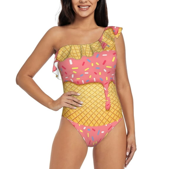Haiem Pink Ice Cream Women's One Piece Swimsuits Tummy Control One Shoulder Bathing Suits Ruffle Swimwear-Large