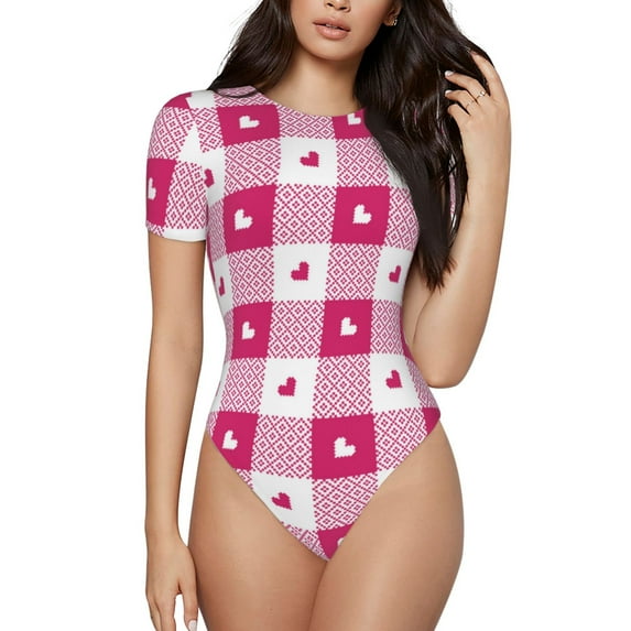 Haiem Plaid Heart Women's Crew Neck Short Sleeve Bodysuit Tops Stretchy Slim Basic-Medium