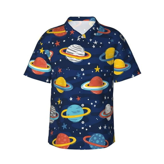 Haiem Planets and Stars Printed Hawaiian Shirt for Men - Men’s Casual Beach Summer Shirts - Stretch Fabric with Modern Fit-Small
