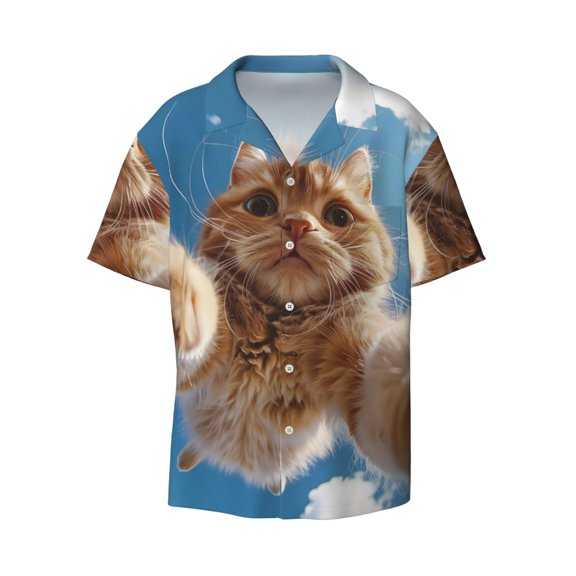 Haiem Playful Cat Fisheye View Men's Casual Shirts Short Sleeve Button Down Shirts Fashion Textured Summer Beach Shirt-X-Large