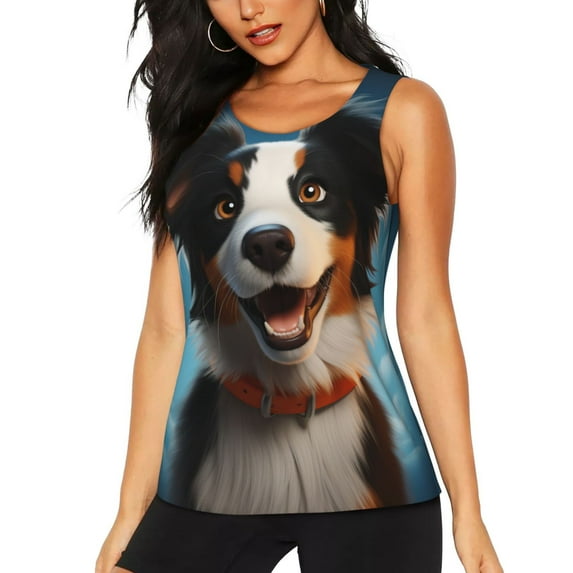 Haiem Playful Smile Cute Dog Printed Women's Workout Tank Top, Quick-Dry Sleeveless Gym Shirt, Breathable Lightweight Athletic Top for Running, Yoga, and Casual Wear-Large