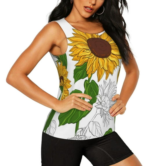 Haiem Plump Sunflower And Sketch Workout Tank Tops for Women, Athletic Sports Slim-Fit Tank Tops, Compression Sleeveless Dry Fit Shirts,Athletic Shirt-Medium