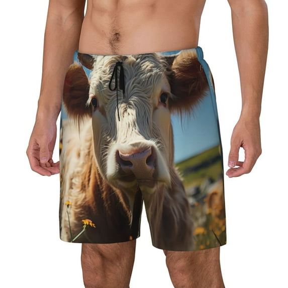 Haiem Prairie Flower Cow Mens Swim Trunks with Compression Liner 2 in 1 Swimming Shorts Stretch Swimwear Quick Dry,Board Shorts-3X-Large