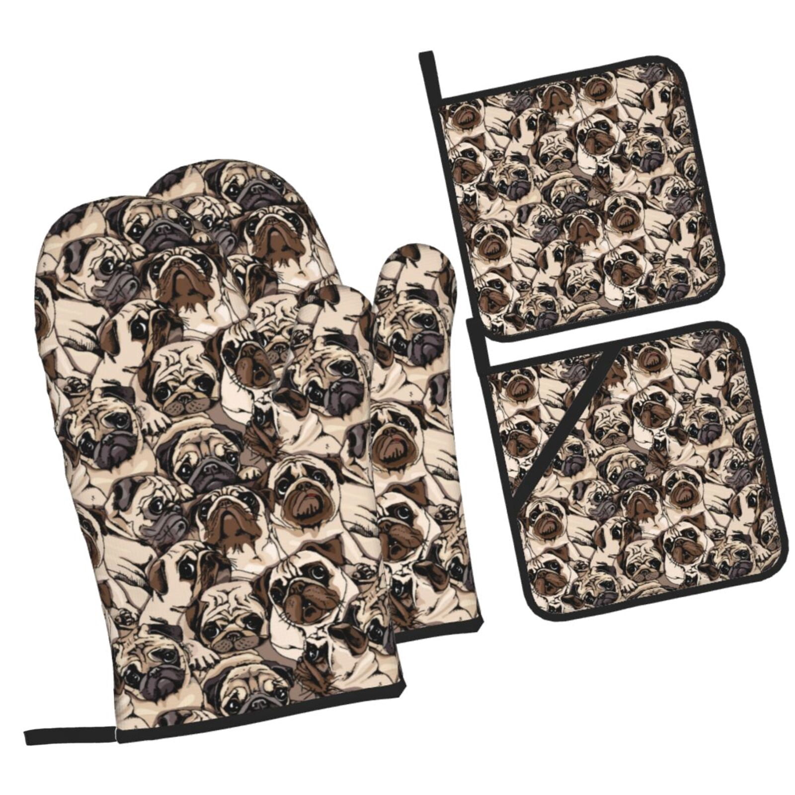 Lukbfall Cute Pug Dog Oven Mitts & Pot Holders Set - 4 Piece Heat Resistant Kitchen Accessories