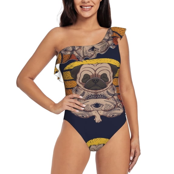 Haiem Pug dog Yoga Women's One Piece Swimsuits Tummy Control One Shoulder Bathing Suits Ruffle Swimwear-XX-Large