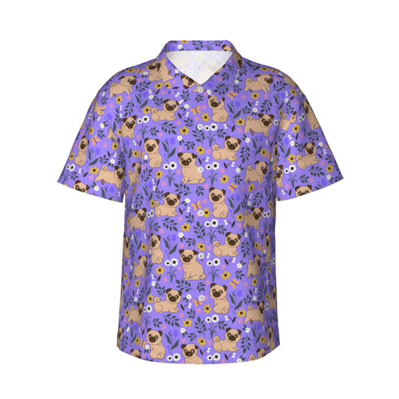 Haiem Pugs and Flowers Printed Hawaiian Shirt for Men - Men’s Casual Beach Summer Shirts - Stretch Fabric with Modern Fit-XX-Large