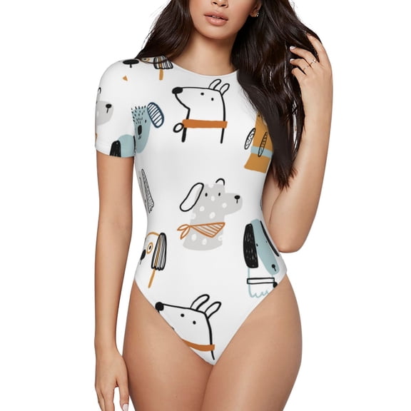 Haiem Puppy Women's Crew Neck Short Sleeve Bodysuit Tops Stretchy Slim Basic-XX-Large