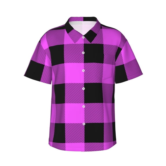 Haiem Purple Black Buffalo Plaid Printed Hawaiian Shirt for Men - Men’s Casual Beach Summer Shirts - Stretch Fabric with Modern Fit-Large