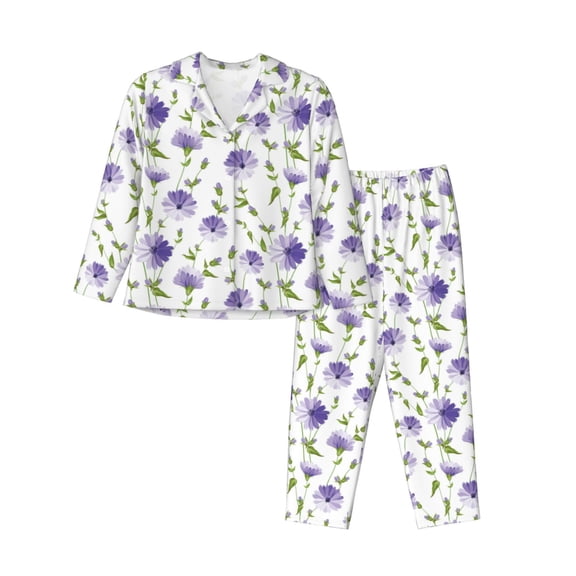 Haiem Purple Chicory Pattern Women’s Long-sleeve Sleepwear,Sleepwear Set,2-piece Loungewear Set,Soft PJs Comfy Nightwear with Pockets-X-Large