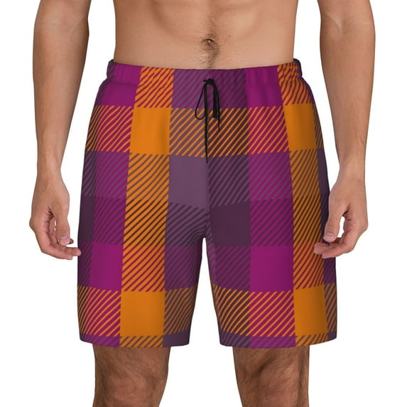 Haiem Purple Yellow Buffalo Plaid Mens Swim Trunks with Compression Liner 2 in 1 Swimming Shorts Stretch Swimwear Quick Dry,Board Shorts-X-Large