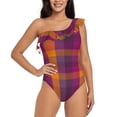 thumbnail image 1 of Haiem Purple Yellow Buffalo Plaid Women's One Piece Swimsuits Tummy Control One Shoulder Bathing Suits Ruffle Swimwear-Large, 1 of 8