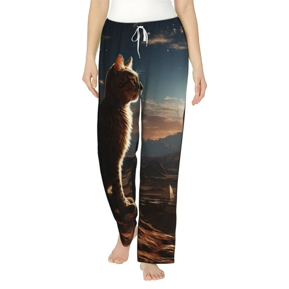 Haiem Pyramid Desert Cat Women's Pajama Pants Ultra Lightweight Pjs Bottoms Sleepwear Bottom Pants With Pocket Drawstring-XX-Large