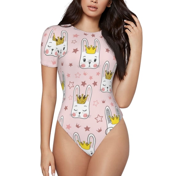 Haiem Queen For Rabbit Women's Crew Neck Short Sleeve Bodysuit Tops Stretchy Slim Basic-Small