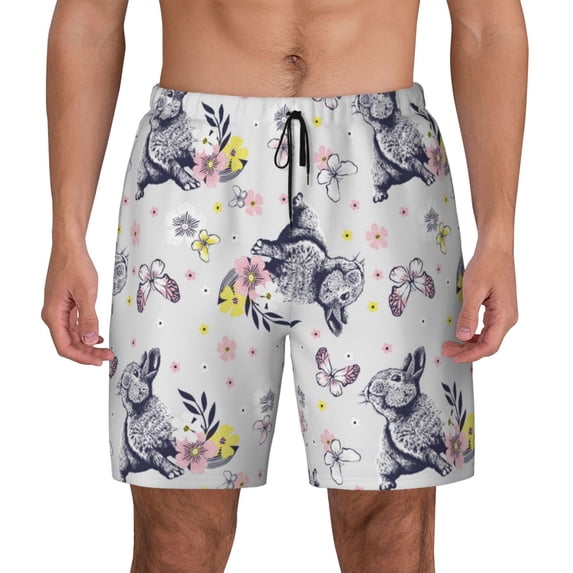 Haiem Rabbit And Butterfly Mens Swim Trunks with Compression Liner 2 in 1 Swimming Shorts Stretch Swimwear Quick Dry,Board Shorts-XX-Large