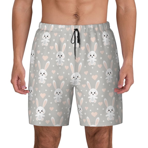 Haiem Rabbit And Heart Mens Swim Trunks with Compression Liner 2 in 1 Swimming Shorts Stretch Swimwear Quick Dry,Board Shorts-X-Large