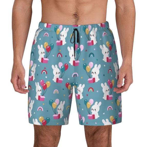 Haiem Rabbit And Rainbow Mens Swim Trunks with Compression Liner 2 in 1 Swimming Shorts Stretch Swimwear Quick Dry,Board Shorts-Small