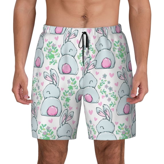 Haiem Rabbit Back View Mens Swim Trunks with Compression Liner 2 in 1 Swimming Shorts Stretch Swimwear Quick Dry,Board Shorts-X-Large