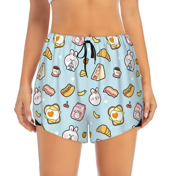 Haiem Rabbit Burger Coffee Women's 2 in 1 Running Shorts - Lightweight Athletic Workout Gym Yoga Breathable Sports Shorts Liner with Phone Pockets-Medium