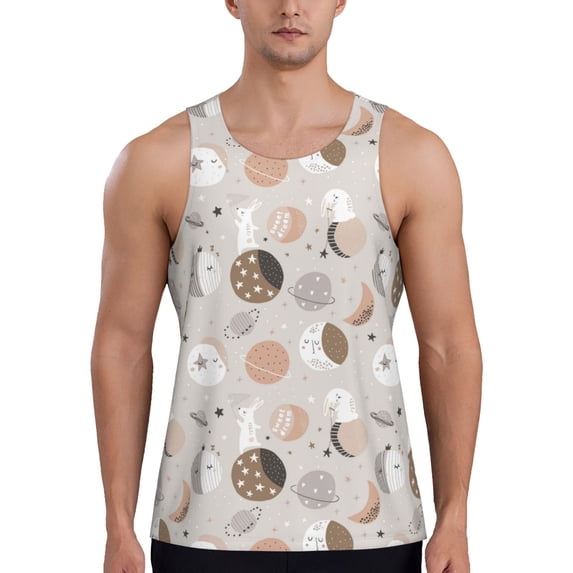 Haiem Rabbit In Space Men Workout Tank Top Gym Bodybuilding Sleeveless Muscle T Shirts Athletic Tank Breathable Workout Shirt-3X-Large