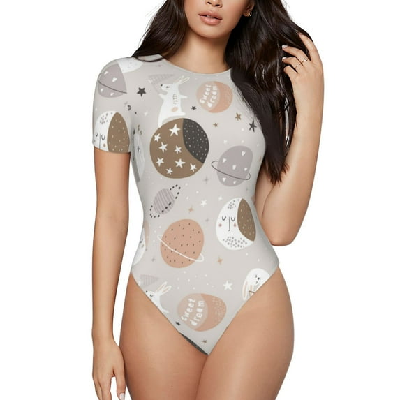 Haiem Rabbit In Space Women's Crew Neck Short Sleeve Bodysuit Tops Stretchy Slim Basic-Small