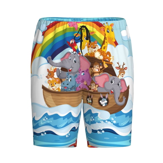 Haiem Rainbow Animals on Noah's Ark Men's Pajama Short with Soft Woven Cotton Elastic Waistband Sleep Short-X-Large