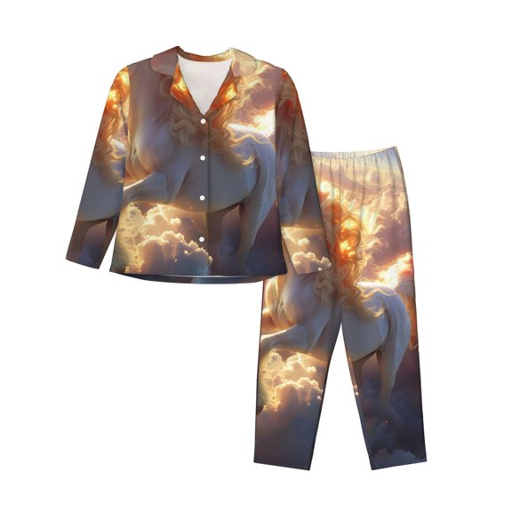 Haiem Rainbow Cloud White Horse Pattern Women’s Long-sleeve Sleepwear,Sleepwear Set,2-piece Loungewear Set,Soft PJs Comfy Nightwear with Pockets-XX-Large