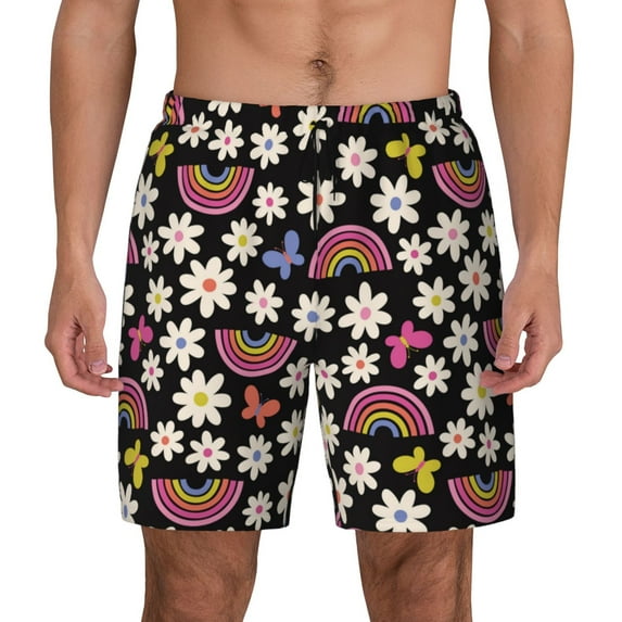 Haiem Rainbow Flowers Mens Swim Trunks with Compression Liner 2 in 1 Swimming Shorts Stretch Swimwear Quick Dry,Board Shorts-XX-Large