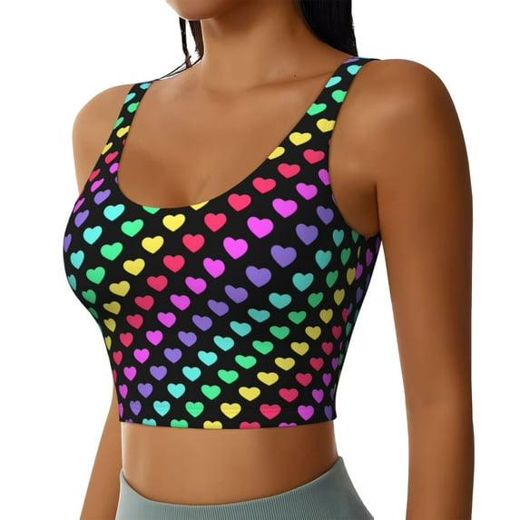 Haiem Rainbow Hearts Pattern Womens Sports Bra - U Neck Padded Low Impact Yoga Bra Workout Crop Top Gym Moisture-Wicking Workout Vest -X-Large