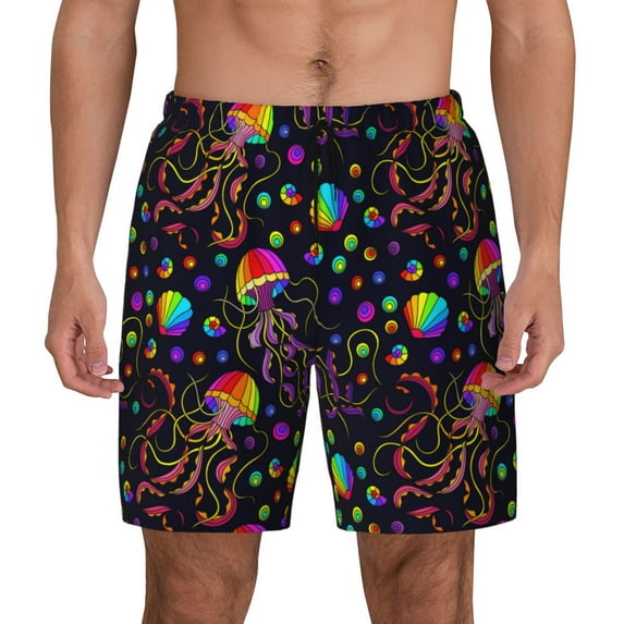 Haiem Rainbow Jellyfishes Mens Swim Trunks with Compression Liner 2 in 1 Swimming Shorts Stretch Swimwear Quick Dry,Board Shorts-Large