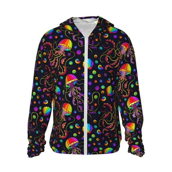 Haiem Rainbow Jellyfishes UPF 50+ Fishing Shirts for Men Long Sleeve UV Sun Protection Hoodie Non-Mask Outdoor Hiking Shirts
