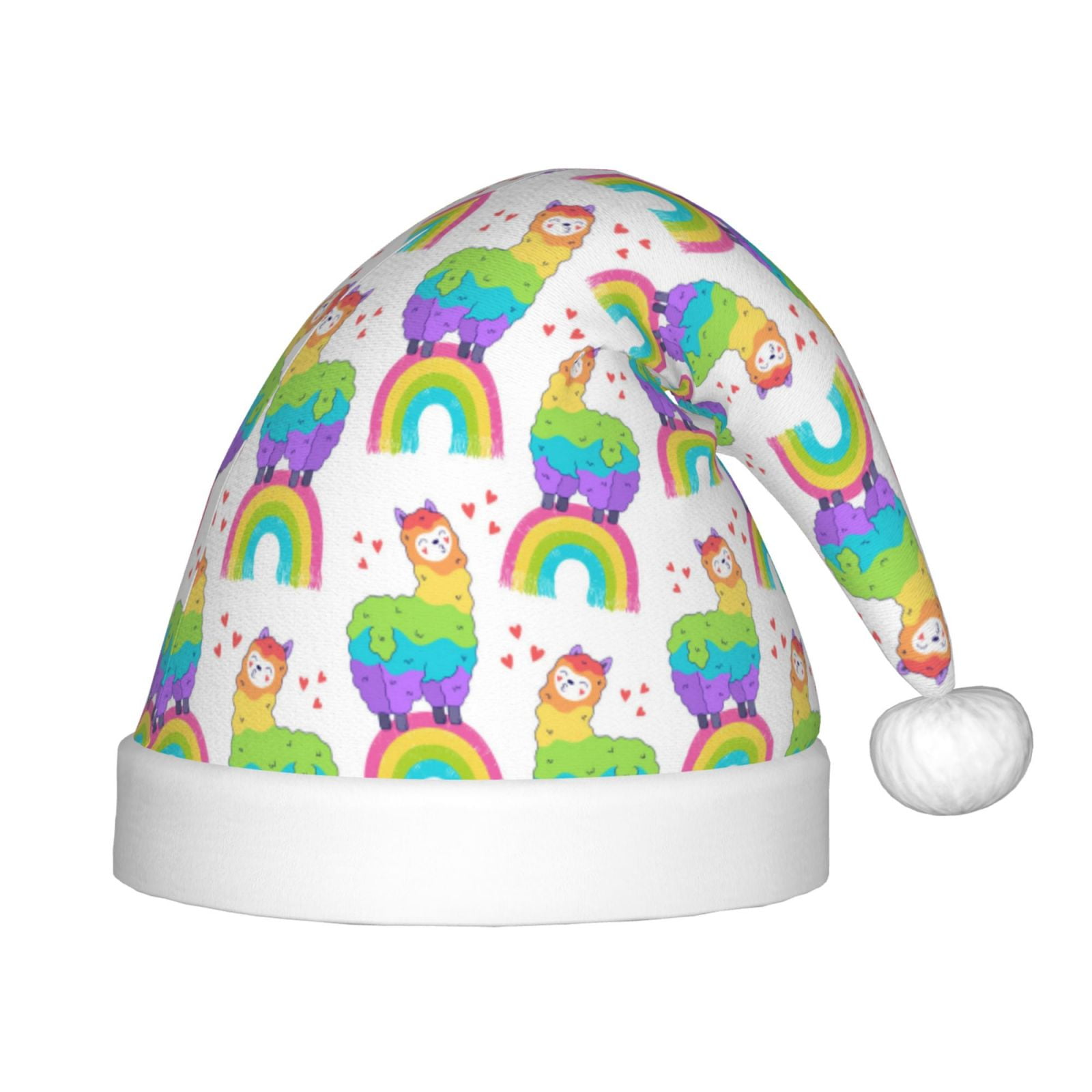 Haiem Rainbow Llama Pattern Santa Hat Confortable Velvet Christmas Hat for Christmas Party Favors Fit for Adults and Kids