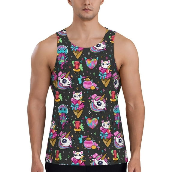 Haiem Rainbow Unicorn And Cat Icecream Men Workout Tank Top Gym Bodybuilding Sleeveless Muscle T Shirts Athletic Tank Breathable Workout Shirt-X-Large