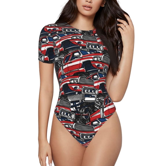 Haiem Red And Blue Cars Women's Crew Neck Short Sleeve Bodysuit Tops Stretchy Slim Basic-XX-Large