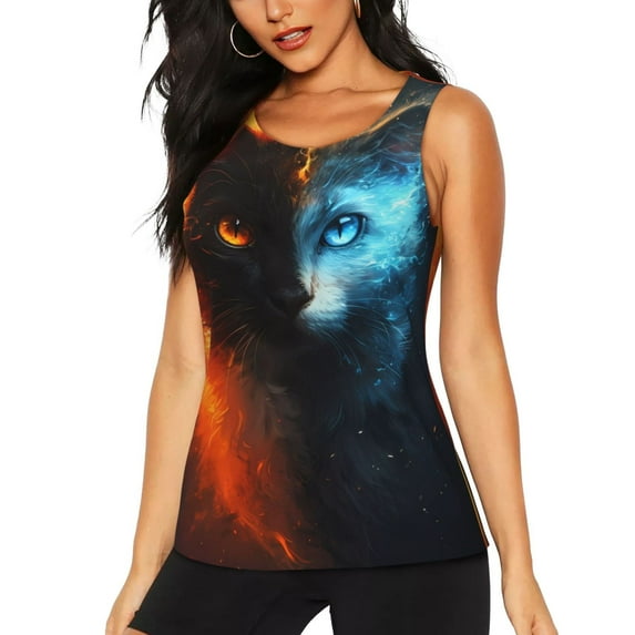 Haiem Red And Blue Fire Cat Printed Women's Workout Tank Top, Quick-Dry Sleeveless Gym Shirt, Breathable Lightweight Athletic Top for Running, Yoga, and Casual Wear-XX-Large