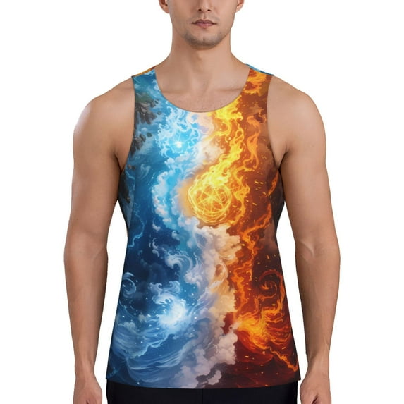 Haiem Red And Blue Flame Waves Men Workout Tank Top Gym Bodybuilding Sleeveless Muscle T Shirts Athletic Tank Breathable Workout Shirt-Medium