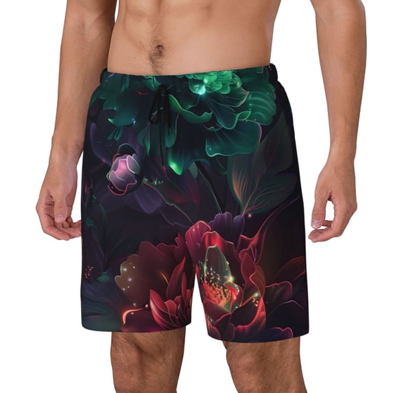 Haiem Red And Green Carnation Mens Swim Trunks with Compression Liner 2 in 1 Swimming Shorts Stretch Swimwear Quick Dry,Board Shorts-XX-Large